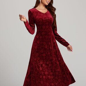 Flower Print V-Neck Long Sleeve Midi Dress